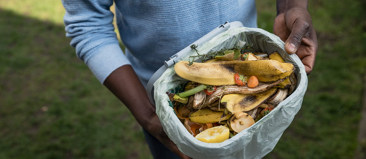 Overhead view of person carrying bin filled with organic items for compost